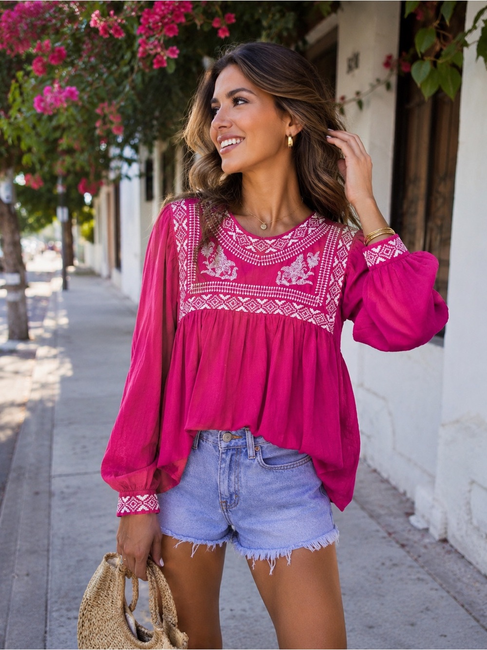 40A. Zara Fuchsia Embroidered Peasant Tunic